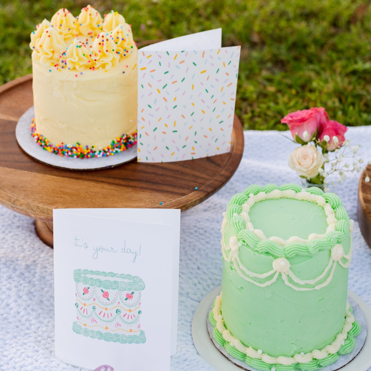 it's your day! green vintage cake greeting card