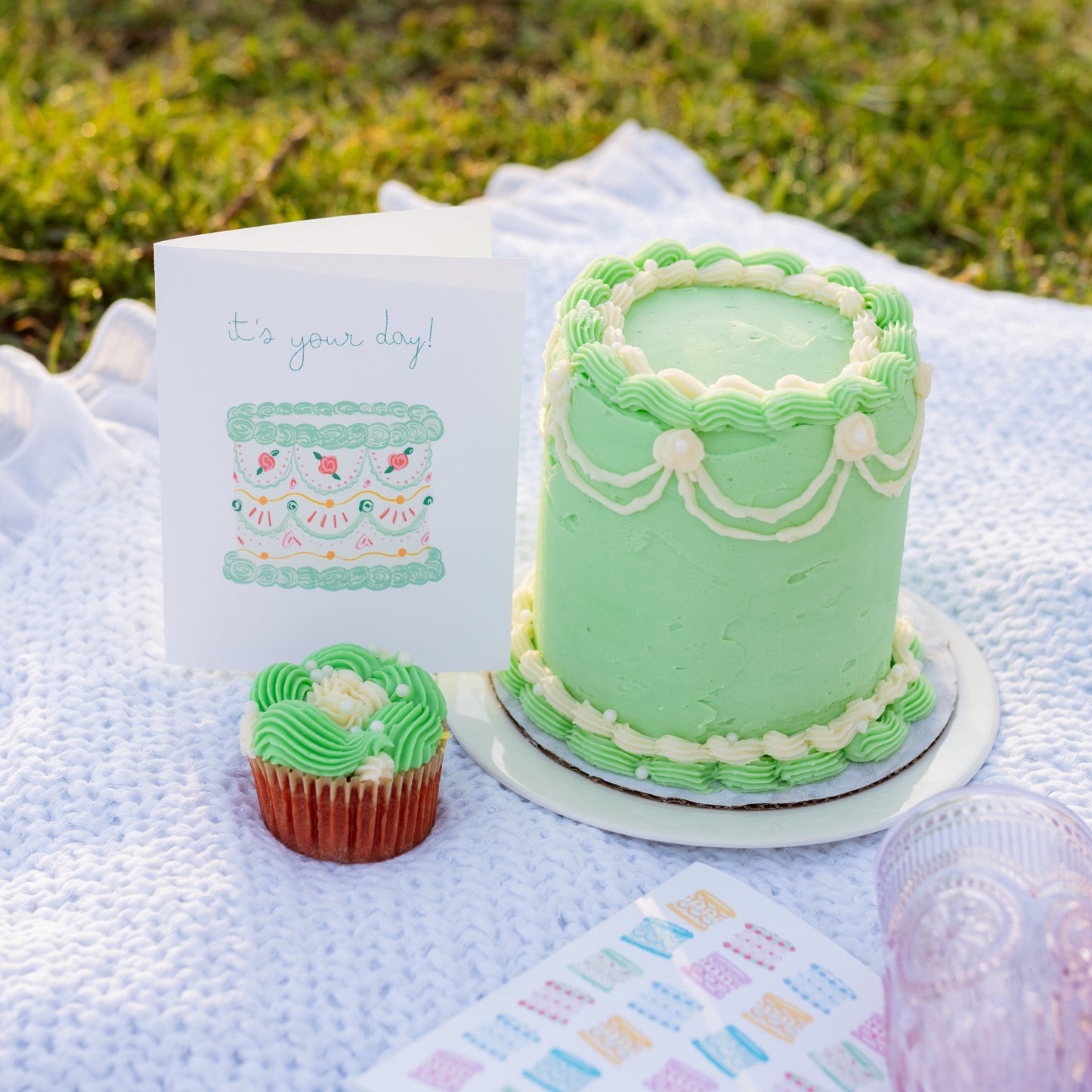 it's your day! green vintage cake greeting card