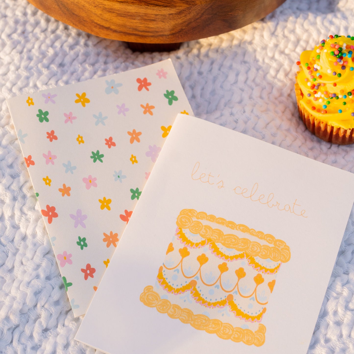 let's celebrate! yellow vintage cake greeting card